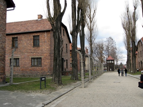 Camp Street and guard tower at Auschwitz