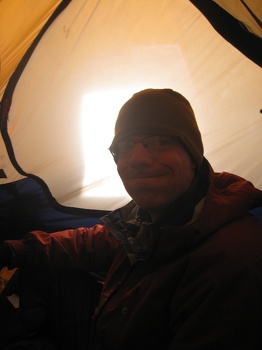 Dave in foggy tent back at Camp Schurman