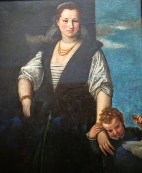 'Portrait of woman with a child and a dog' 